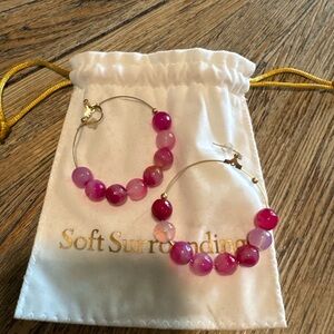 Soft Surroundings pink agate stones beaded gold hoop quartz earrings